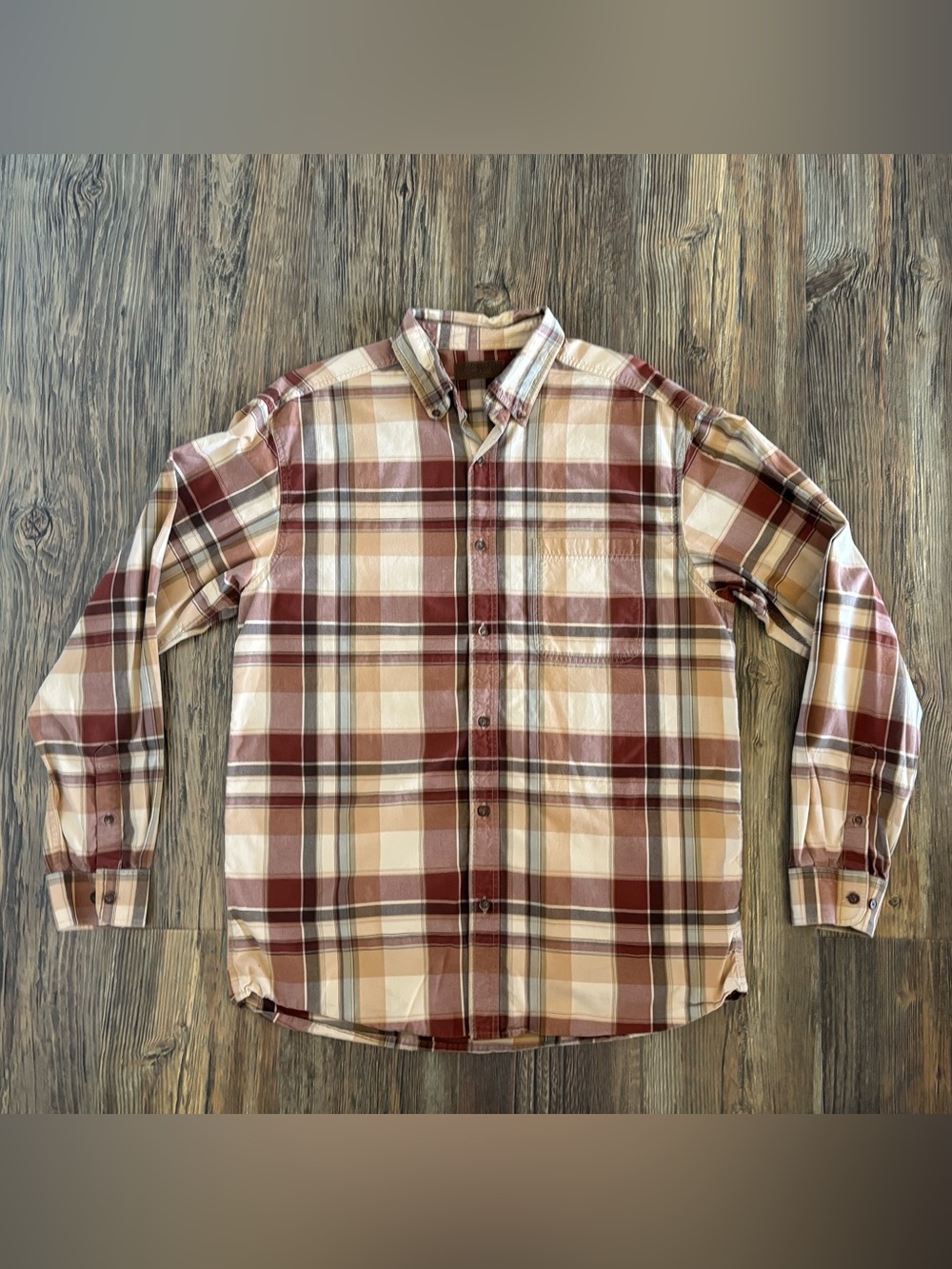Morgan Creek Outfitters Plaid Button-Up Long Sleeve Shirt Mens M Brown Tan Fall